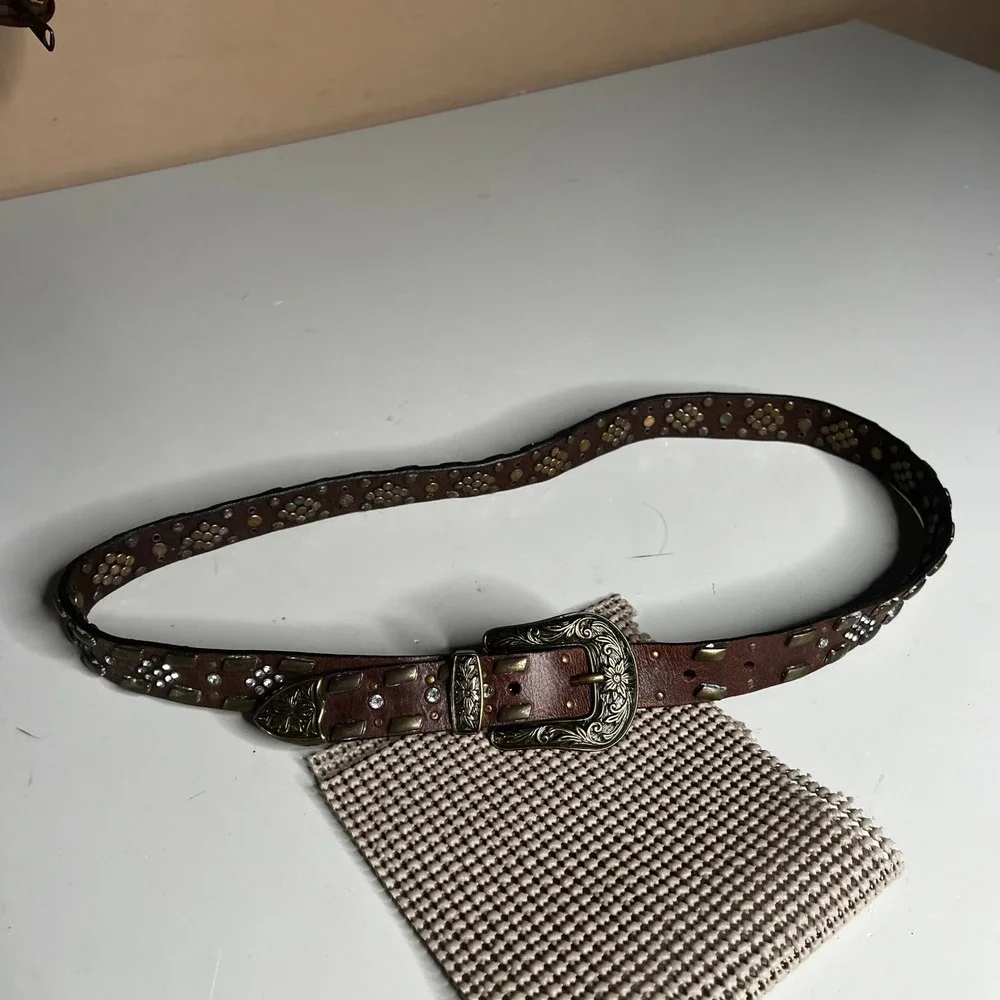Genuine Leather Brown Western Studded Rhinestone Belt Brass Buckle Boho Medium